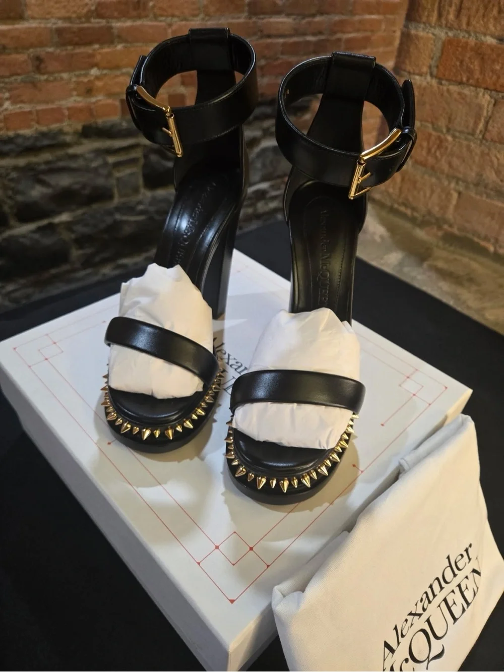 Alexander McQueen Black Leather Punk Stud Platform Sandals with Gold Spikes NEW!